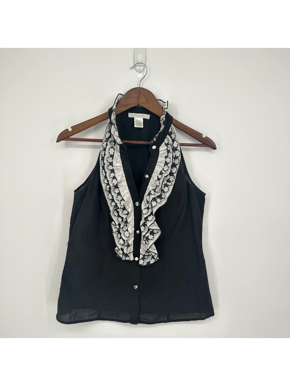 Charlotte Russe Black White Lace Ruffle Halter Blouse Y2K